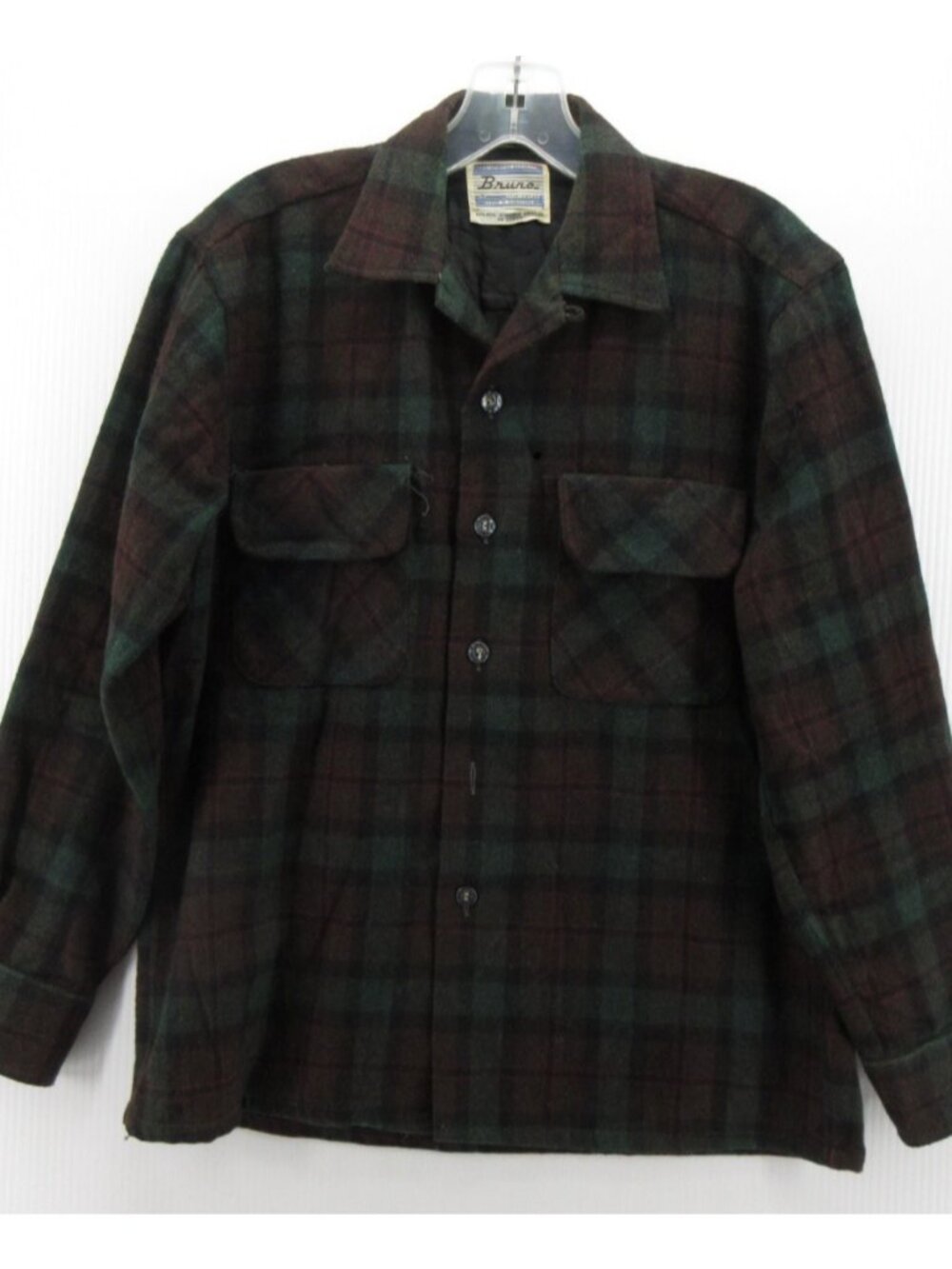 VINTAGE Bruno Shirt Small Wool Linen Board Shirt Loop Collar 70s *